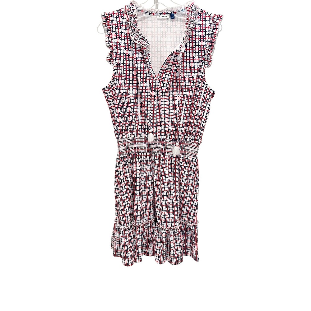 Cabana Life Ruffle Coverluxe Smocked Waist Dress Red Navy Geometric Size Large